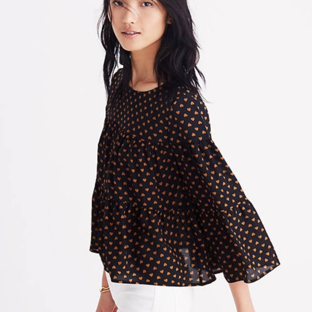 Madewell Black and Gold Tiered Heart Blouse 100% Silk Size S